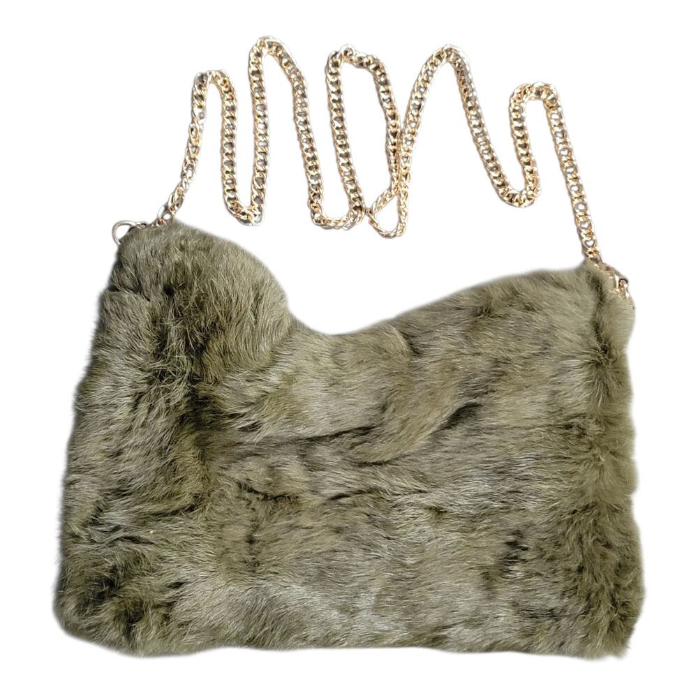 Faux Fur Shoulder Crossbody Bag with Gold Tone Chain Strap Winter Cozy Green